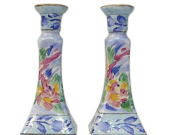 Pair Of Chinese Porcelain Color Mix Graphic Candle Holders cs712-9S Pair Of Chinese Porcelain Color Mix Graphic Candle Holders cs712-9S