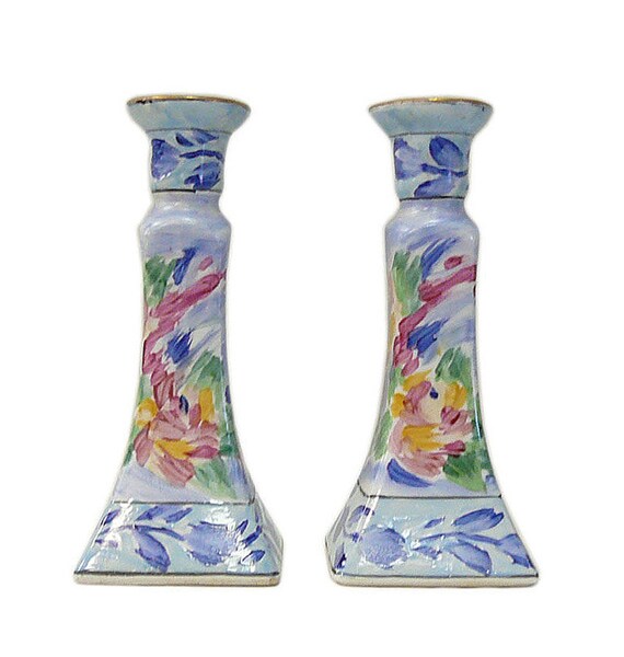 Pair Of Chinese Porcelain Color Mix Graphic Candle Holders cs712-9S Pair Of Chinese Porcelain Color Mix Graphic Candle Holders cs712-9S