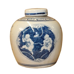 Chinese Blue White Ceramic Double Kids Graphic Ginger Jar ws869E