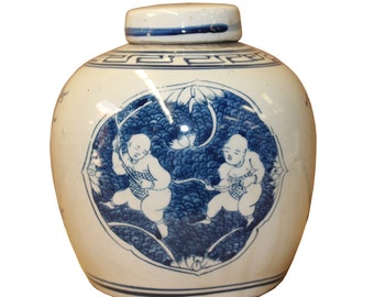 Chinese Blue White Ceramic Double Kids Graphic Ginger Jar ws869E