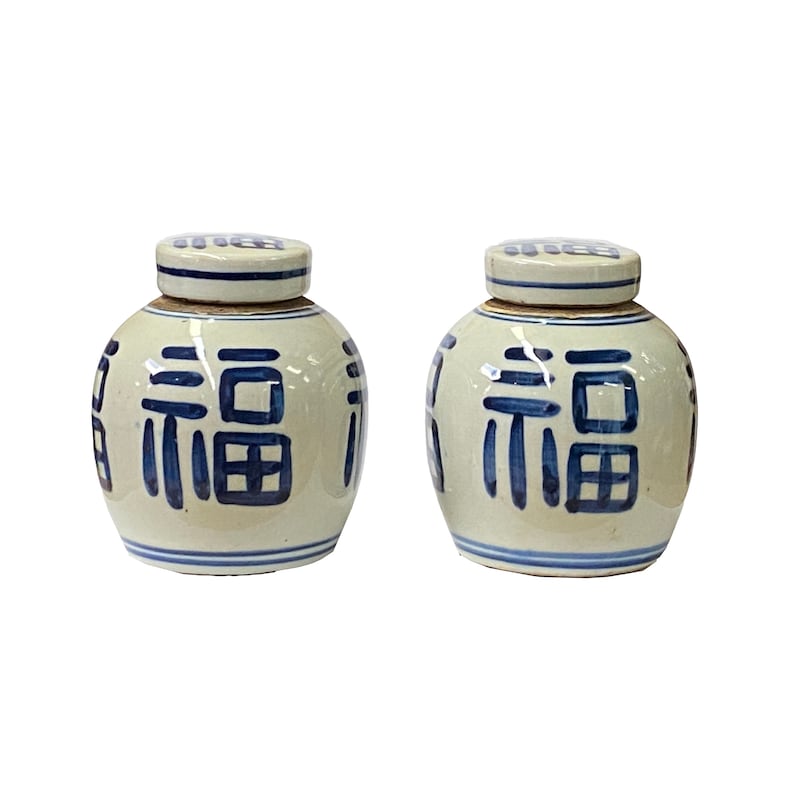 Pair Blue White Small Oriental Fok Characters Porcelain Ginger Jars ws1377E image 1