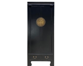 Chinese Black Lacquer Moon Face Slim Narrow Tall Storage Cabinet cs7328E