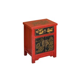 Oriental Distressed Red Black Golden Graphic Side End Table Nightstand cs7695E image 5