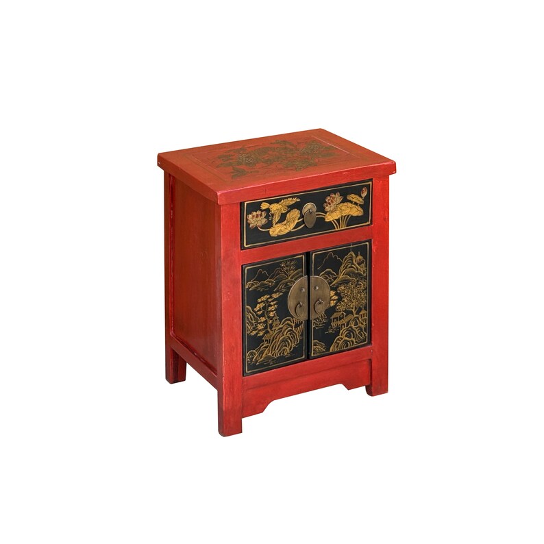 Oriental Distressed Red Black Golden Graphic Side End Table Nightstand cs7695E image 5