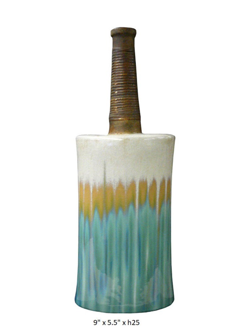 Modern Oval Shape Flat Tall Neck Ceramic Turquoise Bamboo Decor Vase ss980E image 4