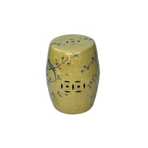 Distressed Yellow Porcelain Flower Birds Round Barrel Stool Table ws3692E image 3