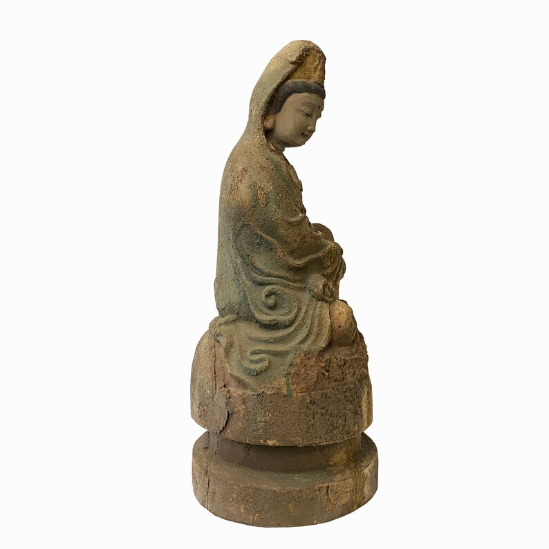Chinese Rustic Wood Sitting Guan Yin Kwan Yin Bodhisattva Statue ws1527E image 5