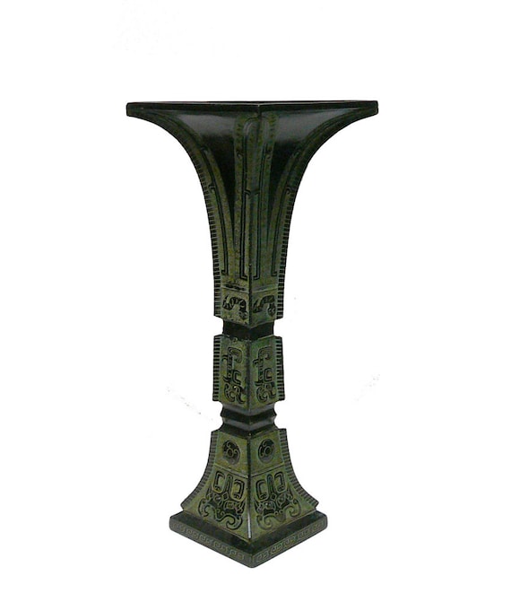 Ancient Chinese, Shang Dynasty Inspired, Ceremonial Green Bronze Vessel Square Tall Vase cs1045-2S Ancient Chinese, Shang Dynasty Inspired, Ceremonial Green Bronze Vessel Square Tall Vase cs1045-2S