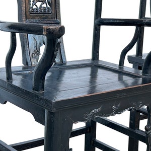 Pair Vintage Chinese Rustic Black Lacquer Deer Motif Yoke-Back Armchairs cs7807E image 6