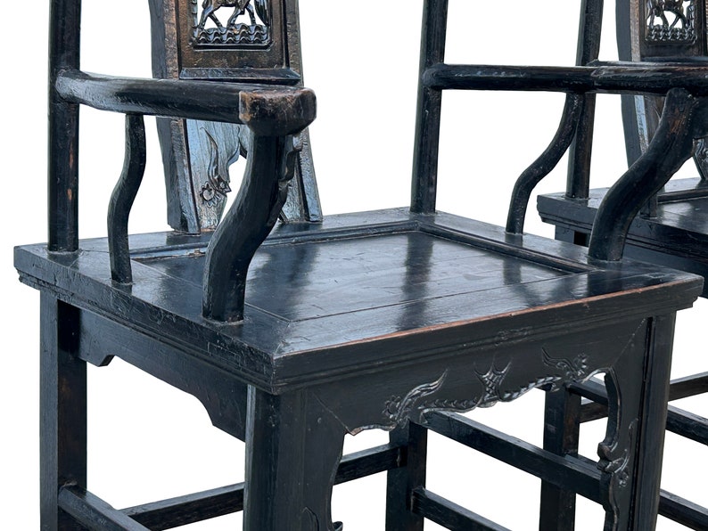 Pair Vintage Chinese Rustic Black Lacquer Deer Motif Yoke-Back Armchairs cs7807E image 6