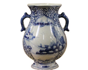 Chinese Blue White Porcelain Scenery Graphic Flower Shape Vase ws727E