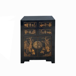 Vintage Oriental Distressed People Golden Graphic Black Side Table Cabinet cs7767E image 4