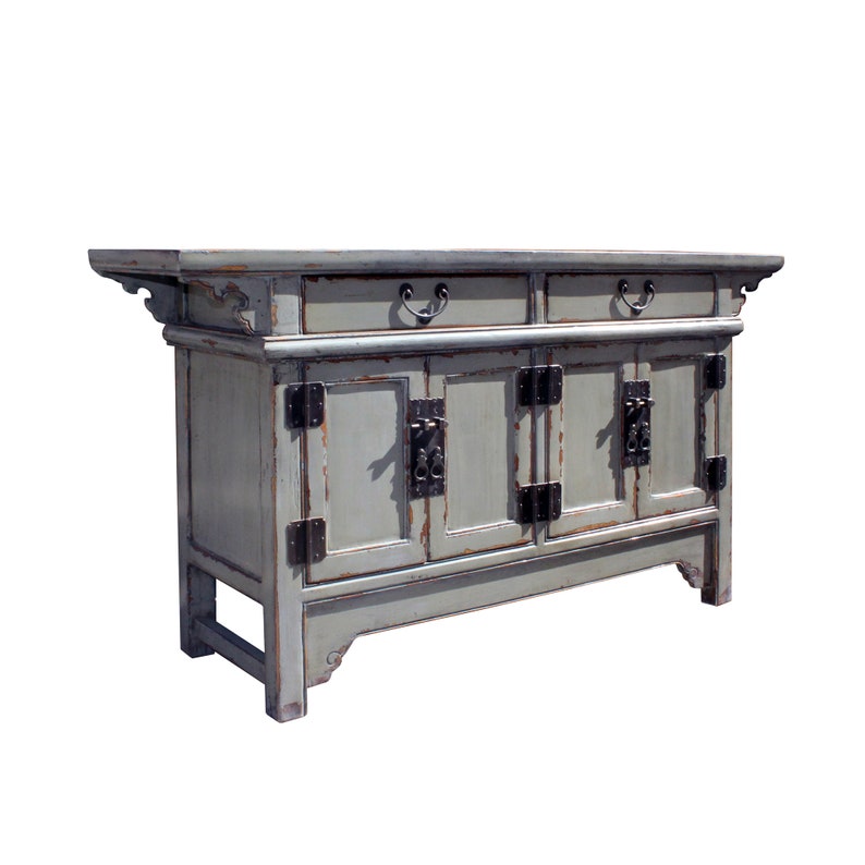 Chinese Distressed Gray Lacquer Low Sideboard Console Table Cabinet cs5899E image 4