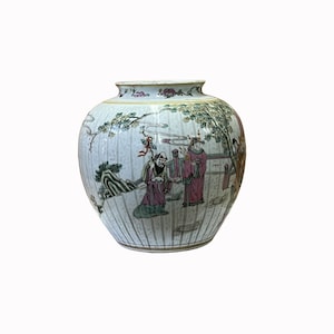 Oriental Distressed Marked Off White Base People Theme Porcelain Round Jar ws2572E