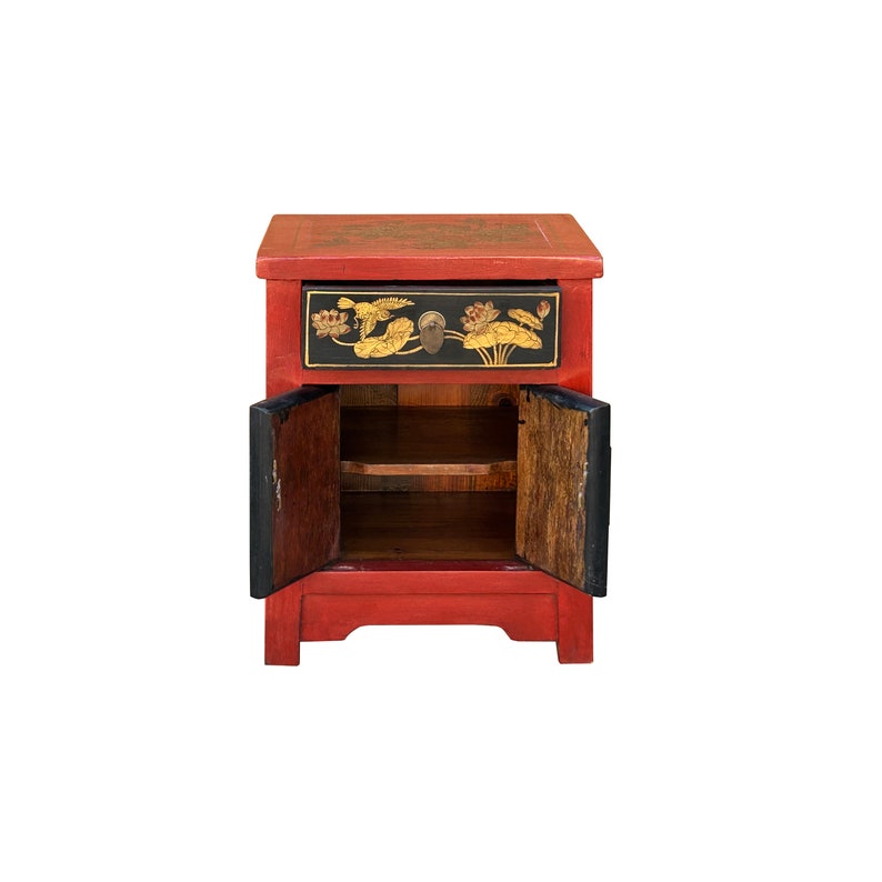 Oriental Distressed Red Black Golden Graphic Side End Table Nightstand cs7695E image 2