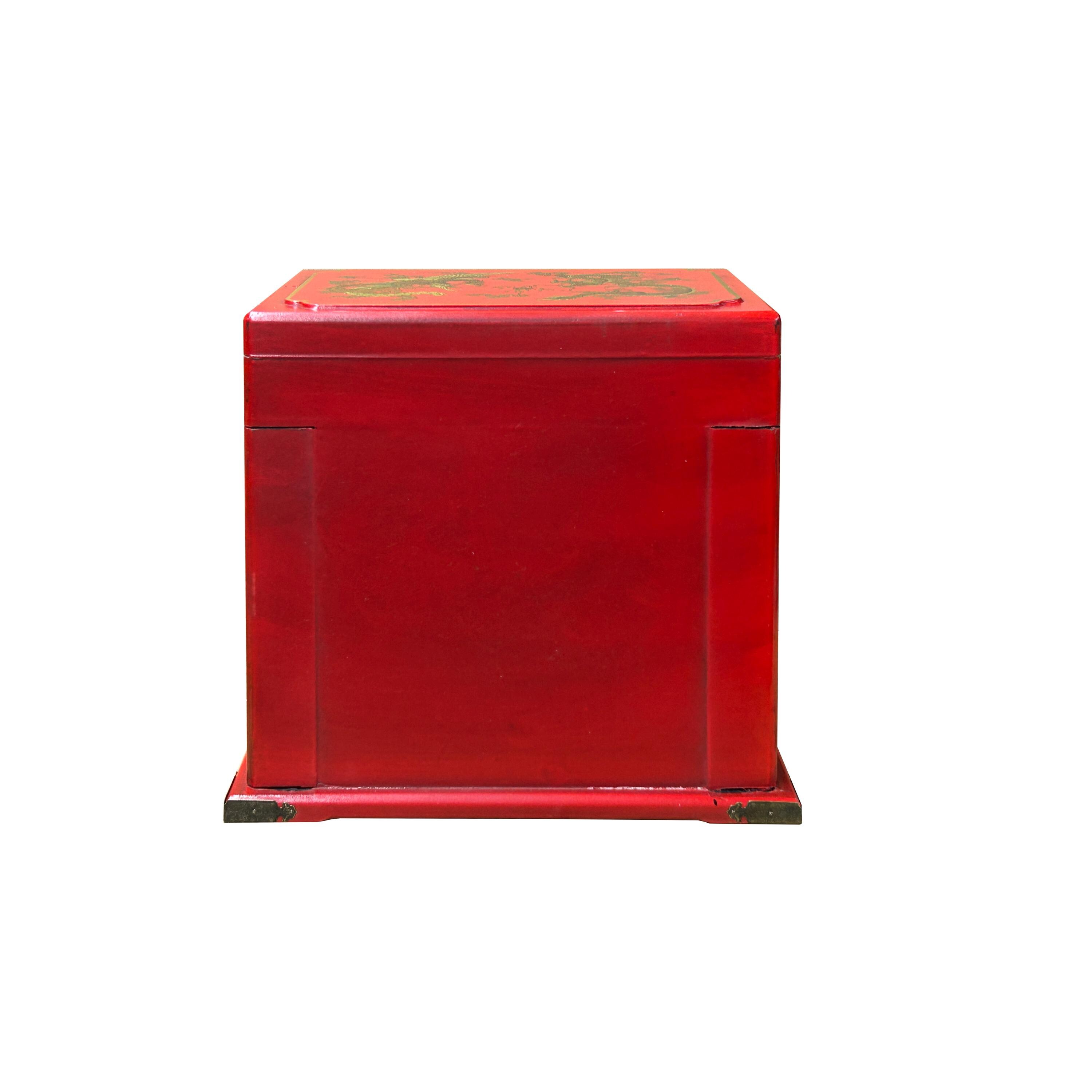 Chinese Oriental Red Dragon Phoenix Mirror Rectangular Jewelry Box