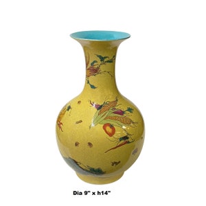 Chinese Crackle Yellow Porcelain Fruit Grasshopper Graphic Vase ws1648E image 4