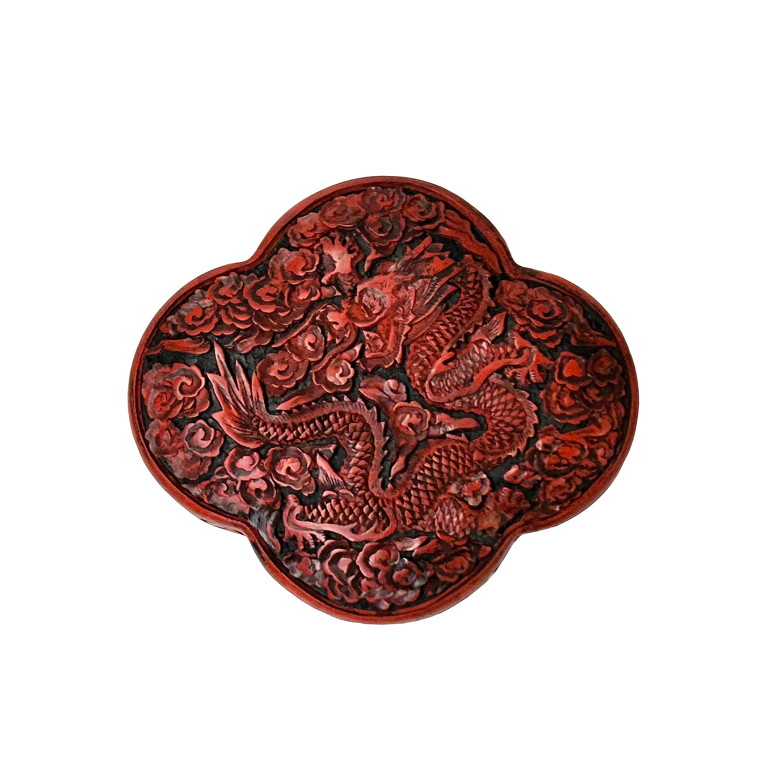 Handcrafted Vintage Chinese Red Lacquer Four Lobed Floral Accent