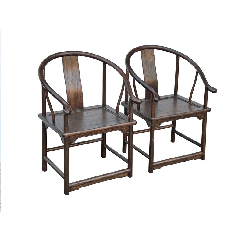 Pair Chinese Around Horseshoes-Back Brown Stain Armchairs ws3584E image 4