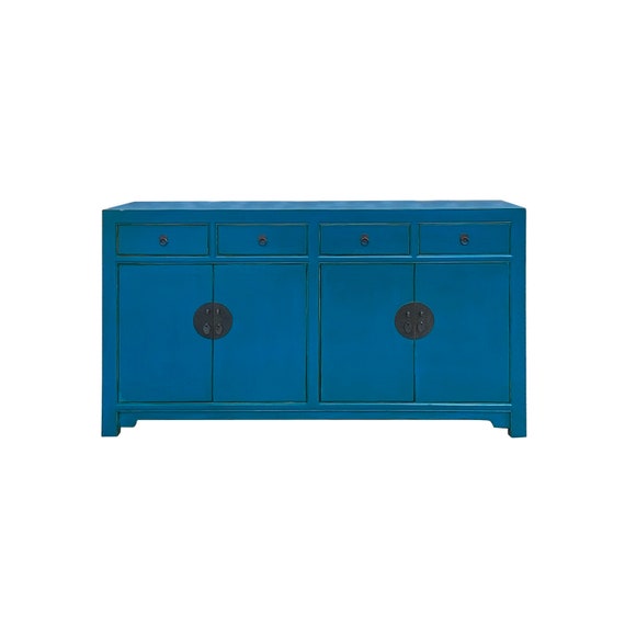 Chinese Oriental Dark Cerulean Blue 4 Drawers Sideboard Buffet