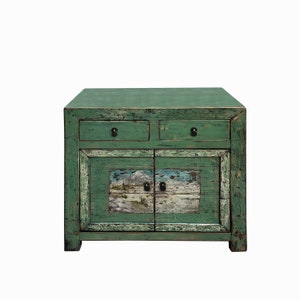 Chinese Distressed Apple Green Graphic Sideboard Console Cabinet cs7692E image 5