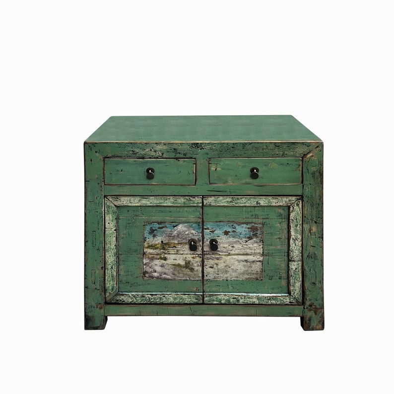 Chinese Distressed Apple Green Graphic Sideboard Console Cabinet cs7692E image 5