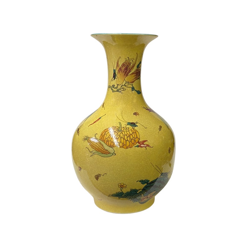 Chinese Crackle Yellow Porcelain Fruit Grasshopper Graphic Vase ws1648E image 1