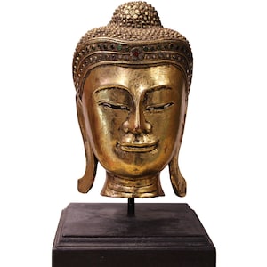 Quality Handcrafted Wood Gold Color Serene Peaceful Meditate Buddha Head On Stand n271S Quality Handcrafted Wood Gold Color Serene Peaceful Meditate Buddha Head On Stand n271S