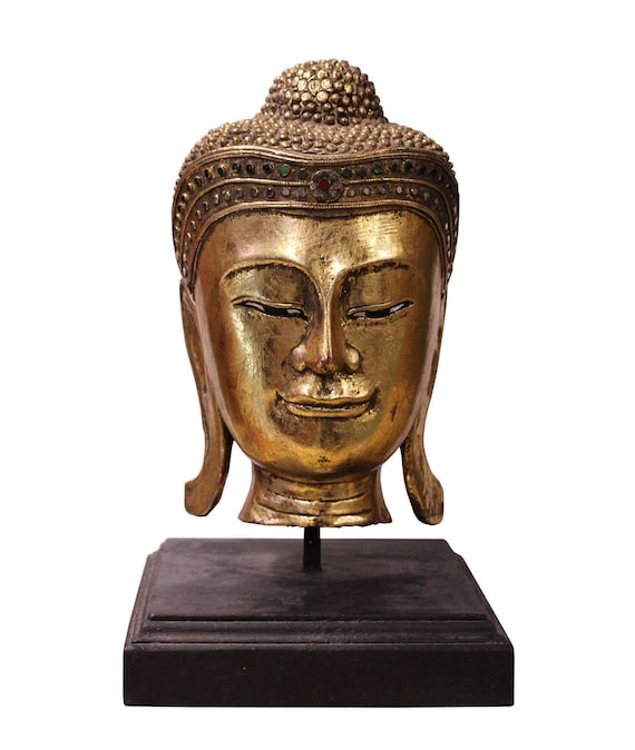 Quality Handcrafted Wood Gold Color Serene Peaceful Meditate Buddha Head On Stand n271S Quality Handcrafted Wood Gold Color Serene Peaceful Meditate Buddha Head On Stand n271S