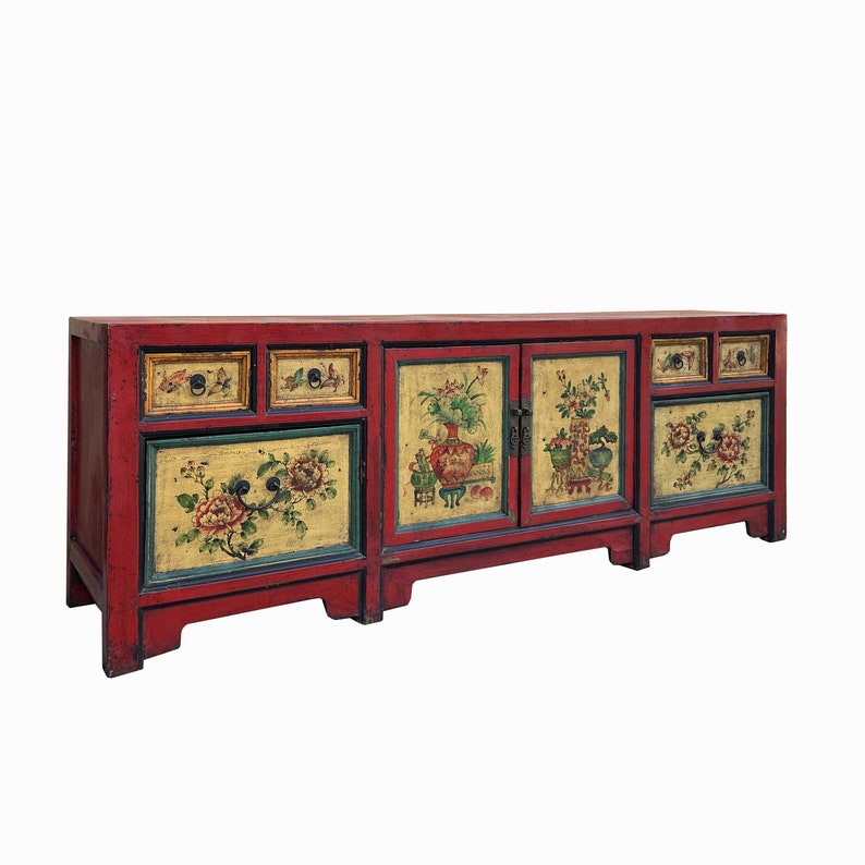 Chinese Distressed Red Cream Flower Graphic TV Console Table Cabinet cs7722E image 4