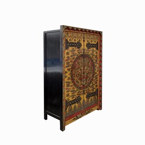 Chinese Tibetan Dragon Flower Yellow Graphic Tall Armoire Wardrobe Cabinet cs7683E image 2