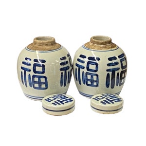 Pair Blue White Small Oriental Fok Characters Porcelain Ginger Jars ws1377E image 3