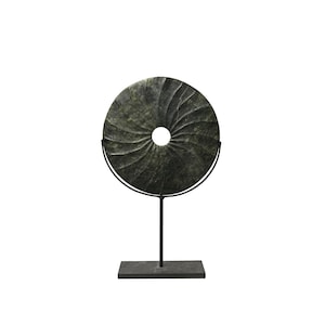 Dark Green Stone Crafted Round Fengshui Harmony Plaque on Stand Display JK203E
