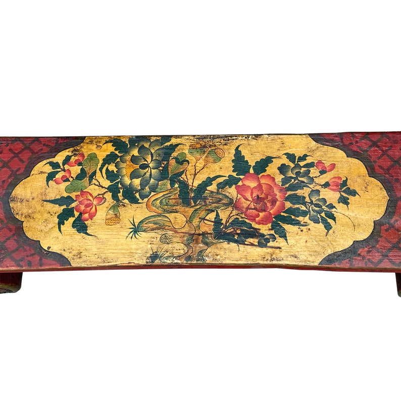 Vintage Chinese Tibetan Yellow Red Flowers Lacquer Scroll Table ws3227E image 8