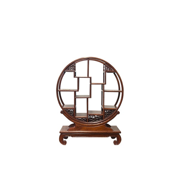 Chinese Wood Light Brown Table Top Round Small Curio Display Stand ws3812E