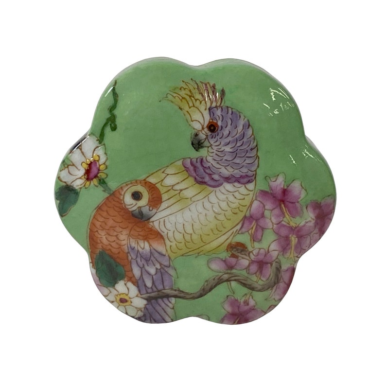 Apple Green Flower Bird Graphic Flower Shape Porcelain Box Container ws1558E image 1