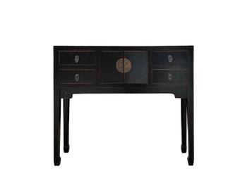 Oriental Black Lacquer 4 Drawers Slim Narrow Foyer Side Table cs7604