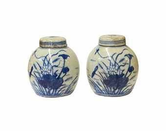 Pair Blue White Mini Oriental Flower Graphic Porcelain Ginger Jars ws1873E