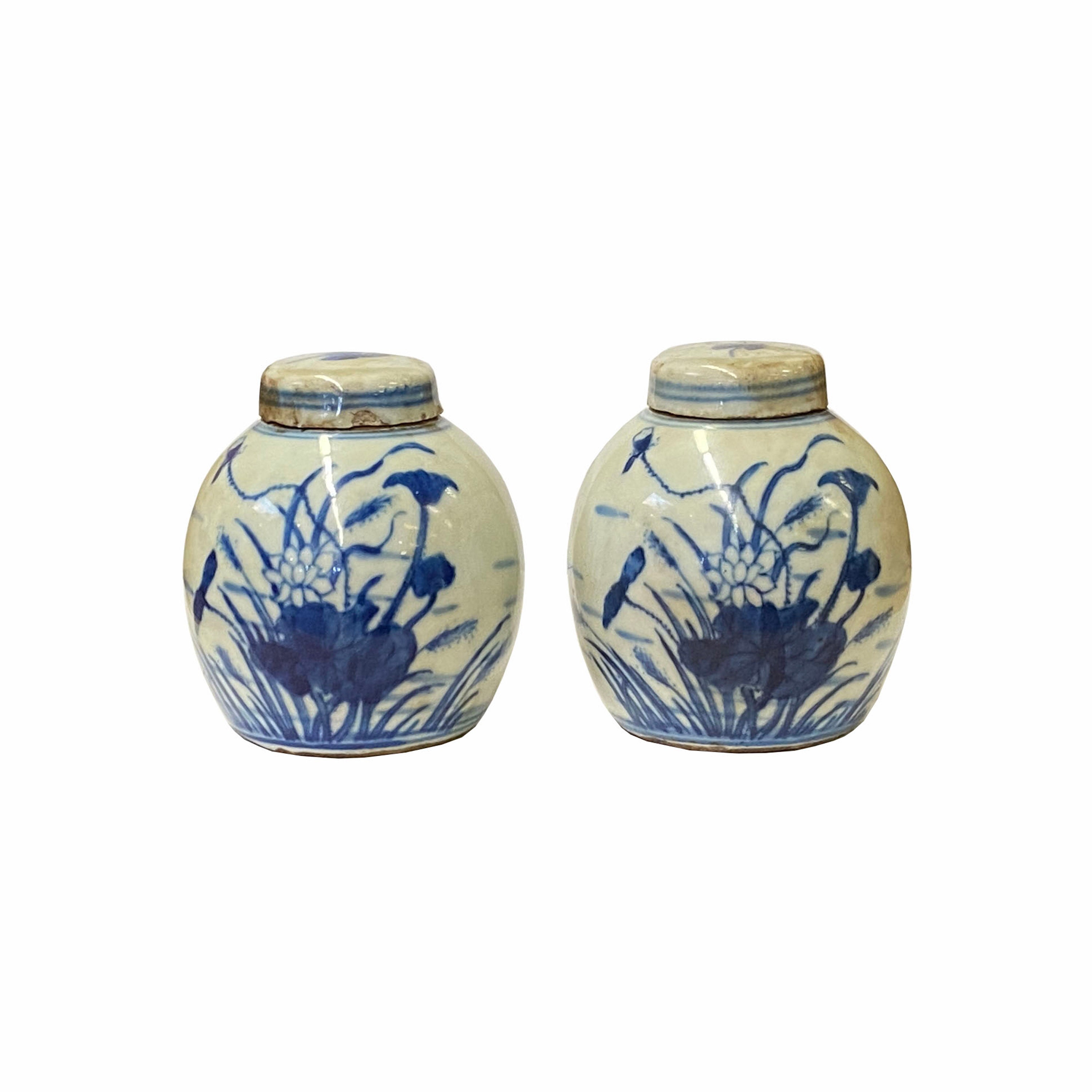 Pair Blue White Mini Oriental Flower Graphic Porcelain Ginger Jars