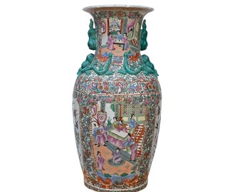 Chinese Hand Made Pink Turquoise House People Scenery Graphic Vase ws2168E