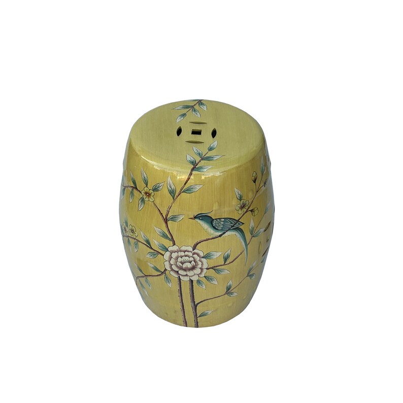 Distressed Yellow Porcelain Flower Birds Round Barrel Stool Table ws3692E image 5