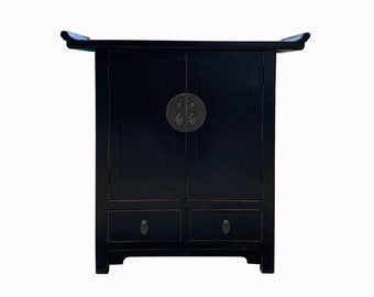 Oriental Chinese Black Wood Moon Face Credenza Storage Cabinet cs7556E