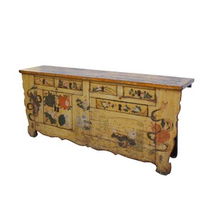 Chinese Distressed Yellow Oriental Flower Graphic TV Console Cabinet cs4539E image 3