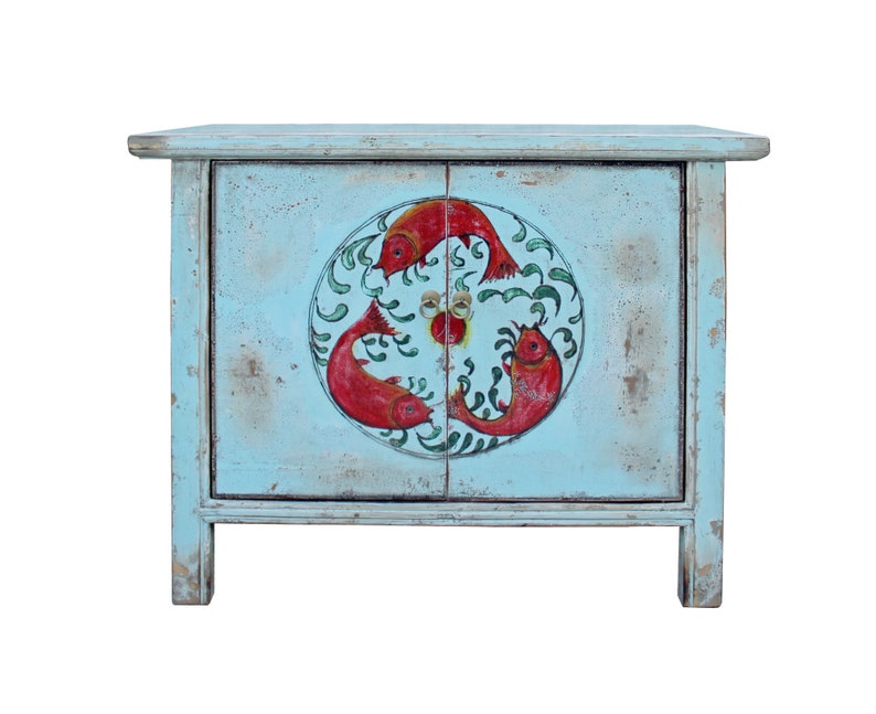Chinese Distressed Light Pale Blue Fishes Graphic Table Cabinet cs3970E image 1