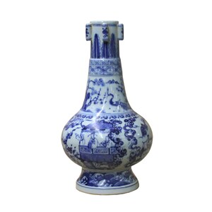 May include: A blue and white porcelain vase with a bulbous body and a narrow neck. The vase is decorated with a floral pattern and a scene of people and animals.