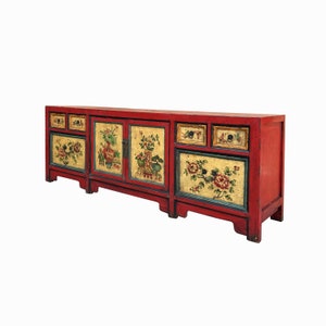 Chinese Distressed Red Cream Flower Graphic TV Console Table Cabinet cs7722E image 3