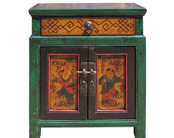 Oriental Distressed Green Yellow Kids Graphic End Table Nightstand cs5772E