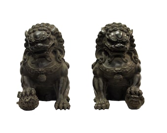 Pair Chinese Distressed Brown Black Marble Like Fengshui Foo Dogs ws287E