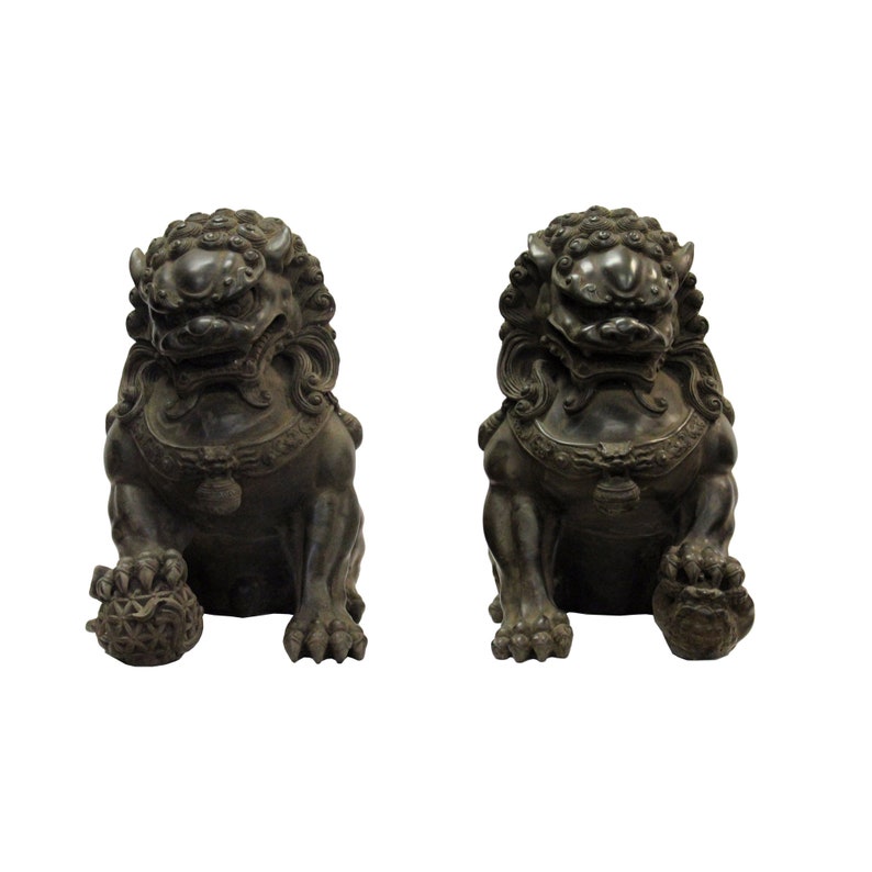 Pair Chinese Distressed Brown Black Marble Like Fengshui Foo Dogs ws287E image 1