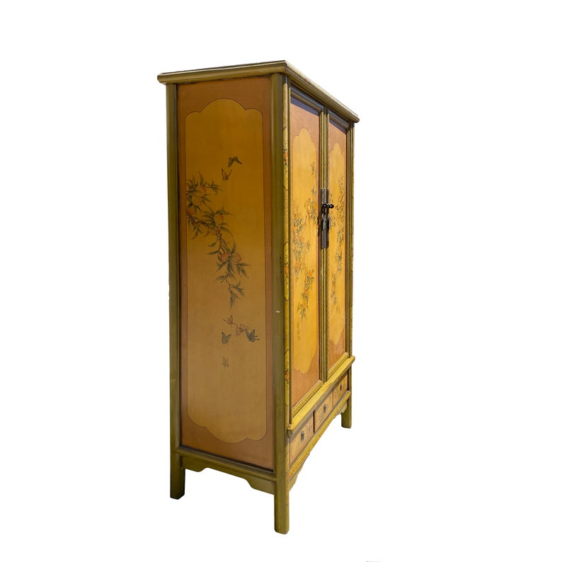 Chinese Olive Green Yellow Flower Graphic Armoire Wardrobe Cabinet cs7309E image 4